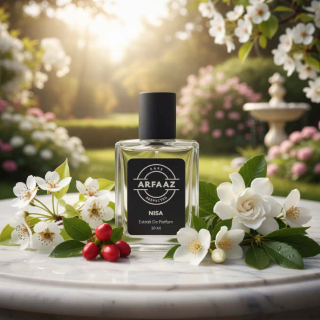 Perfume bottle labeled 'ARFAAZ' with flowers and berries on a garden background