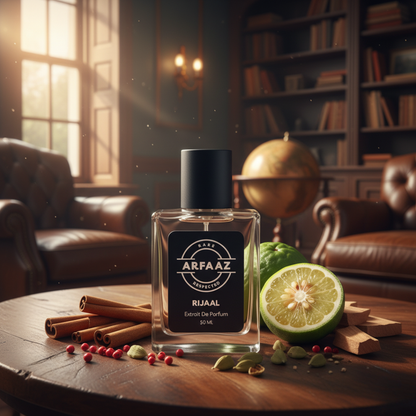 Perfume bottle labeled 'Arfaaz' on a wooden table with spices and fruit in a cozy room.